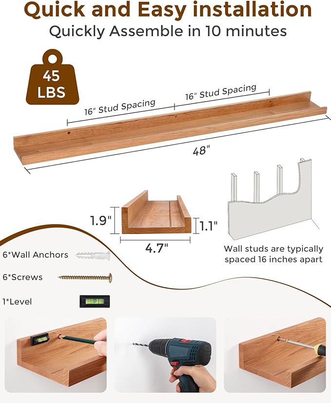 Axeman Cherry Picture Ledge Shelf, 48 Inch Floating Shelves Set of 2, Solid Wood Wall Shelves with Lip, Wall Decor Storage for Bedroom Living Room Bathroom Kitchen Nursery Photo, Natural Cherry