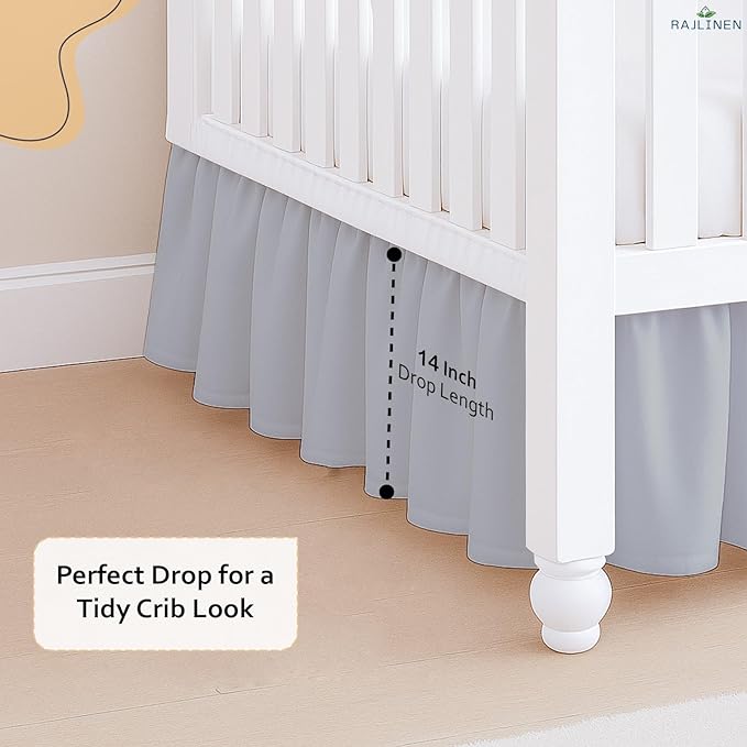 Rajlinen Ruffled Crib Bed Skirt, Microfiber, Dust Ruffle with Split Corners, 14" Drop, Nursery Toddler Bedding for Baby Boys or Girls, Light Grey