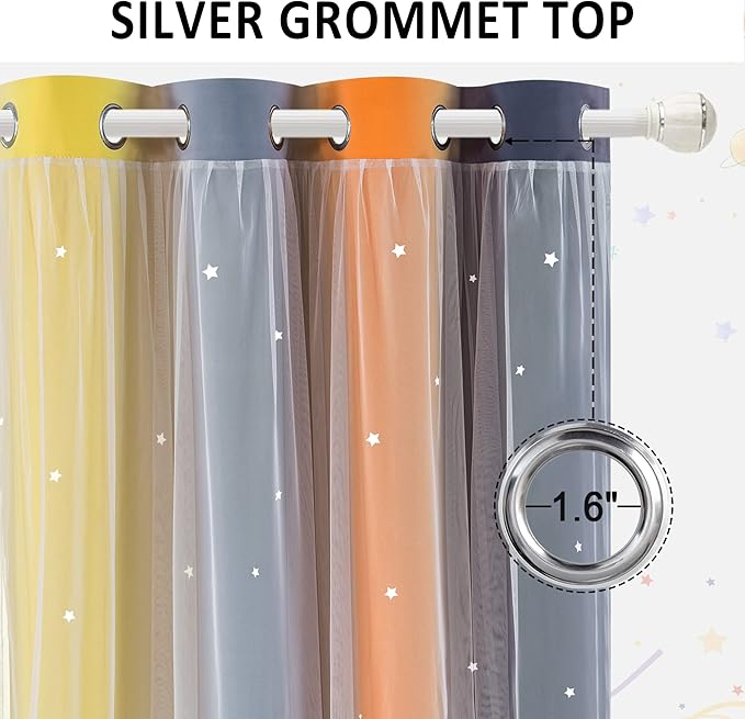 Kinryb Nursery/Kids/Girls Room Star Cut Out Blackout Rainbow Curtain with Sheer Overlay 2 Panels, Each 52 inch Wide,63 inch Length with White Gauze,Ombre Stripe Rainbow Curtains (2 Panels,52x63 Inch)