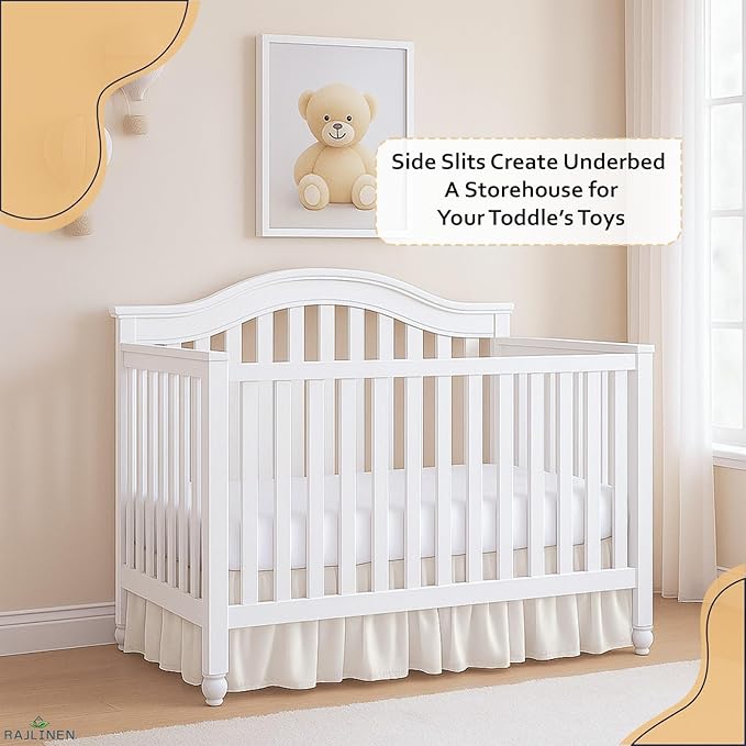 Rajlinen Ruffled Crib Bed Skirt, Microfiber, Dust Ruffle with Split Corners, 14" Drop, Nursery Toddler Bedding for Baby Boys or Girls, Ivory