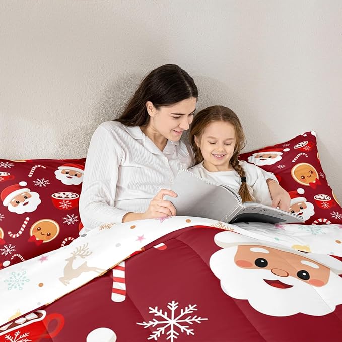 Feelyou Merry Christmas Comforter Set Full Size Santa Claus Bedding Set for Kids Boys Girls Gingerbread Man Duvet Quilt Snowflake Bedroom Decor Microfiber 3 Pcs with 2 Pillow Cases