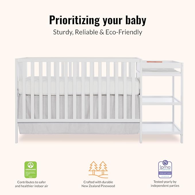 Dream On Me Synergy 3-in-1 Convertible Full-Size Baby Crib & Changer, White, Open Storage, GreenGuard Gold & JPMA, Pinewood, Converts to Day & Toddler Bed, 4 Mattress Heights, 1″ Changing Pad,