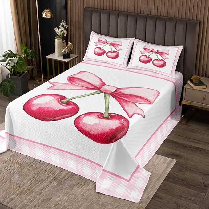 Cherry Bowknot Kids Bedspread Queen Size,Geometric Plaids Grids Patchwork Fashion Coverlet Set,Girls Women Room Decor,Bow Tie Princess Dreamy Quilted Coverlet,Pink Cute Bedding Quilt,2 Pillowcases