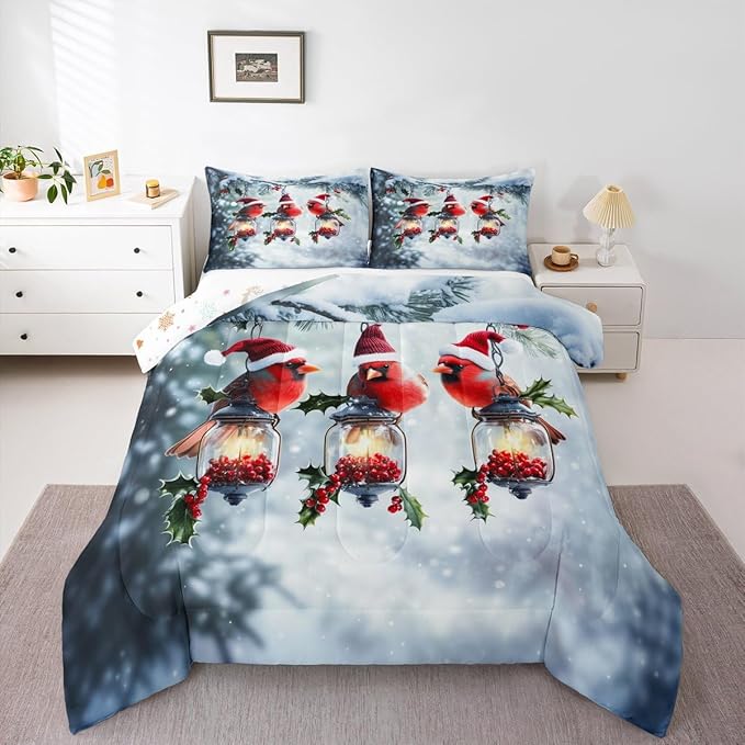 Feelyou Merry Christmas Comforter Set All Season Robin Bird Bedding Set with 2 Pillow Cases Snowflake Microfiber Kids Full Bedclothes Winter Bedroom Decor Duvet Quilt Breathable Soft Lightweight