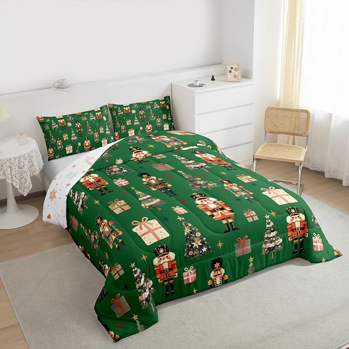 jejeloiu Xmas Nutcracker Comforter Set Full Size Christmas Green Bedding Set for Kids Boys Girls Cute Snowflakes Duvet Quilt Bedroom Decor