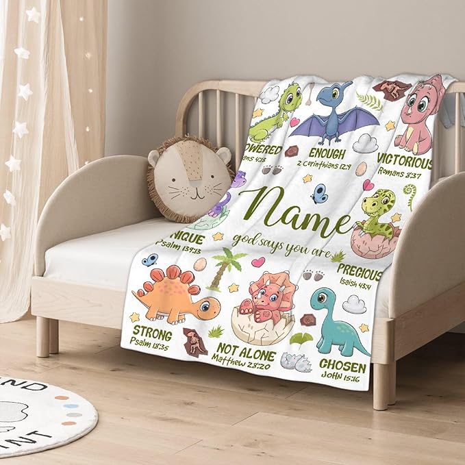Personalized Dinosaur Blanket,Custom Dinosaur Gifts for Kids Boys,God Says I Am Themed Blanket,Meaningful Thoughtful Religious Baptism Christian Gifts,Bible Verse Quilt with Name,60"x80" for Adults