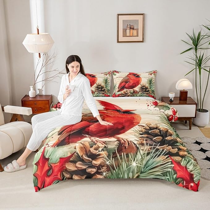 jejeloiu Kids Red Cardinal Comforter Set Queen Size Christmas Theme Bedding Set for Boys Girls Teens Xmas Birds Winter Rustic Wood Plank Animal Duvet Quilt Room Decor