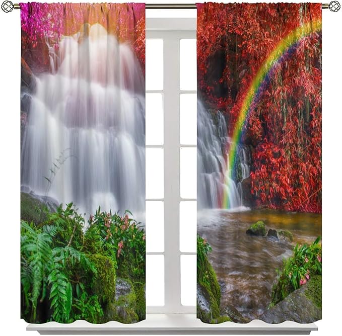 Waterfall Blackout Curtains, Nature Landscape Forest Mountain Waterfall Scenery Scene Print Pattern Window Drapes, for Bedroom Living Room 42" W X 63" L