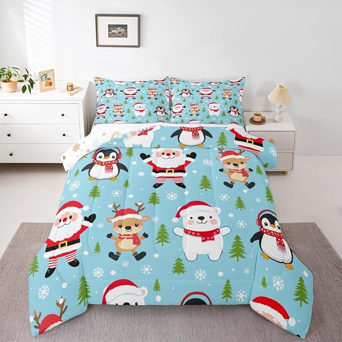 Feelyou Christmas Comforter Set Toddler Size Santa Claus Bedding Set for Kids Boys Girls Penguin Deer Duvet Quilt Xmas Snowflake Tree Bedroom Decor Microfiber 2 Pcs with 1 Pillow Cases