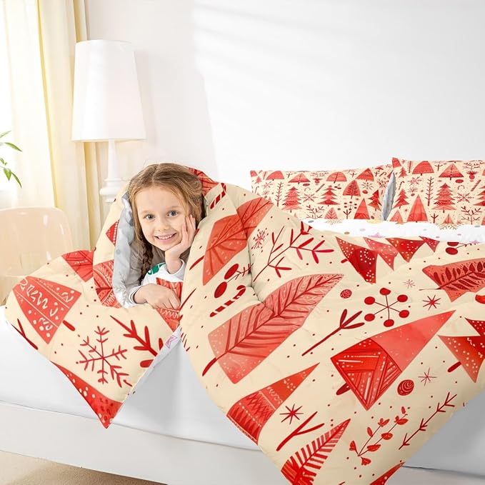 Feelyou Christmas Bedding Set Soft for Boys Girls, Xmas Tree Comforter Set Queen Size Snowflake Candy Duvet Quilt Microfiber Pine Tree Bedroom Decor 3 Pcs with 2 Pillow Cases