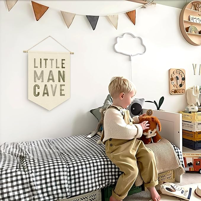 Sage Green Wall Decor, Little Man Cave Sign for Boys, Boy Nursery Decor, Boys Room Wall Hanging Pennant Flag Banner Decor for Nursery Classroom Playroom Kids Room, Playroom Essentials
