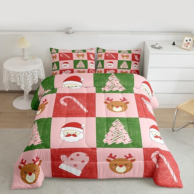 Feelyou Merry Christmas Bedding Set Soft for Boys Girls, Xmas Tree Santa Claus Comforter Set Toddler Size Candy Cane Deer Duvet Quilt Microfiber Patchwork Bedroom Decor 2 Pcs with 1 Pillow Cases