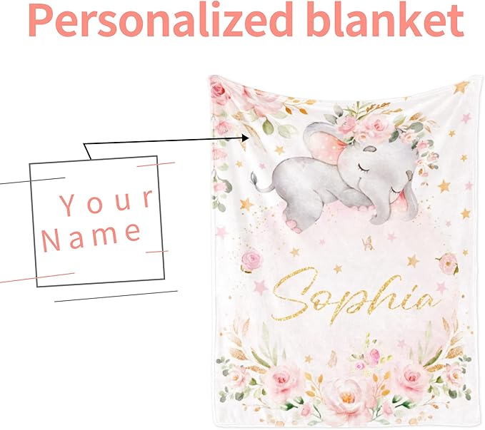 Custom Elephant Blanket with Name for Girl, Personalized Name Blanket for Kids, Soft Flannel Pink Elephant Toddler Blanket Customized Gift for Birthday Christmas Children Day 40x50inch