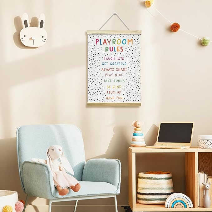 Nopoben Playroom Rules Poster Hanger Frame, Play Room Wall Decor, Playroom Wall Art With Wooden Poster Hanger, Kids Room Nursery Bedroom Classroom Decor(12x16 Inches)-23