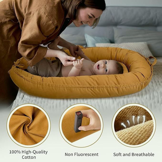 Baby Lounger - Baby Lounger for Newborn 0-24 Months, Soft Breathable Cotton Infant Lounger Cover, Portable Baby Nest for Travel, Newborn Essentials (Sienna)