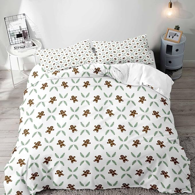 LUVIVIHOME 3PCS Gingerbread Man Duvet Cover Full Bedding Set, White Duvet Cover, Teens Boys Girls Kids Bedding, Green Plant Pine Picks Leaves Winter Holiday Christmas Comforter Cover, 2 Pillow Shams