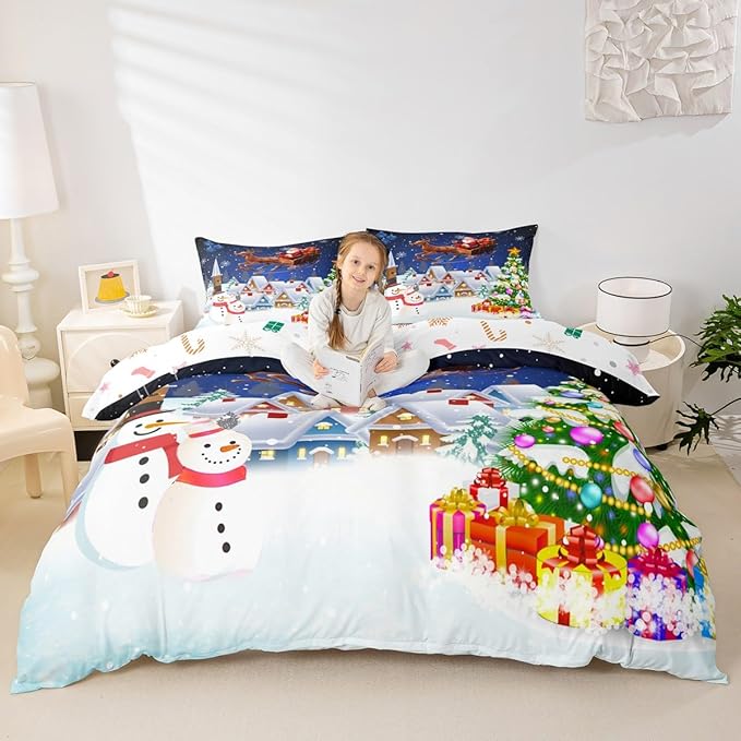 Manfei Christmas Duvet Cover Set Full Size, Snowman Xmas Tree Santa Claus Bedding Set 3pcs, Reversible Winter Snow Cabin Holiday New Year Quilt Cover with Zipper Closure, 2 Pillowcases, No Comforter