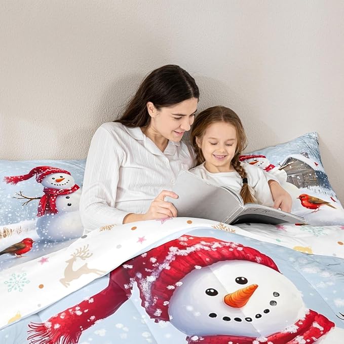 Feelyou Merry Christmas Comforter Set All Season Cute Snowman Bedding Set with 2 Pillow Cases Snowflake Microfiber Kids Queen Bedclothes Winter Bedroom Decor Duvet Quilt Breathable Soft Lightweight