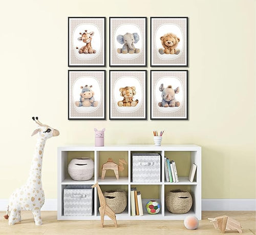 6pcs Nursery Animal Canvas Wall Art Safari Elephant Giraffe Posters Prints Kids Boy Wall Decor Pictures for Baby Boy Girl Toddler Kids Room Decorate Unframed