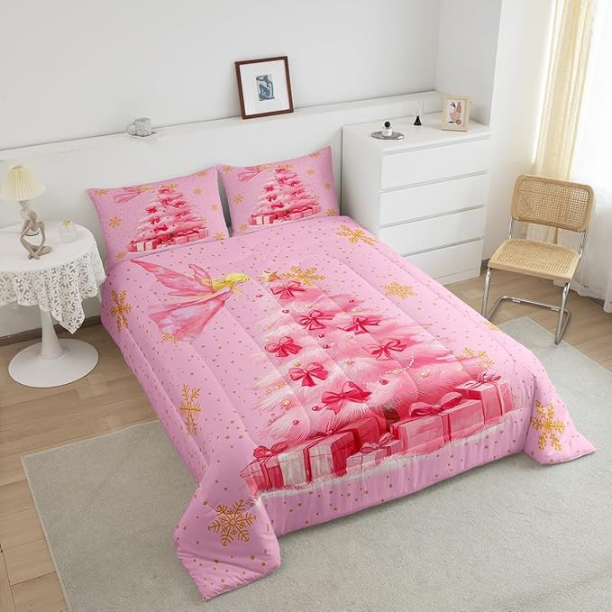 Erosebridal Xmas Tree Full Bedding Sets Merry Christmas Comforter Sets for Kids Boys Girls Teens Snowflake Decorations Down Comforter Princess Bow Pink Decor Duvet Insert