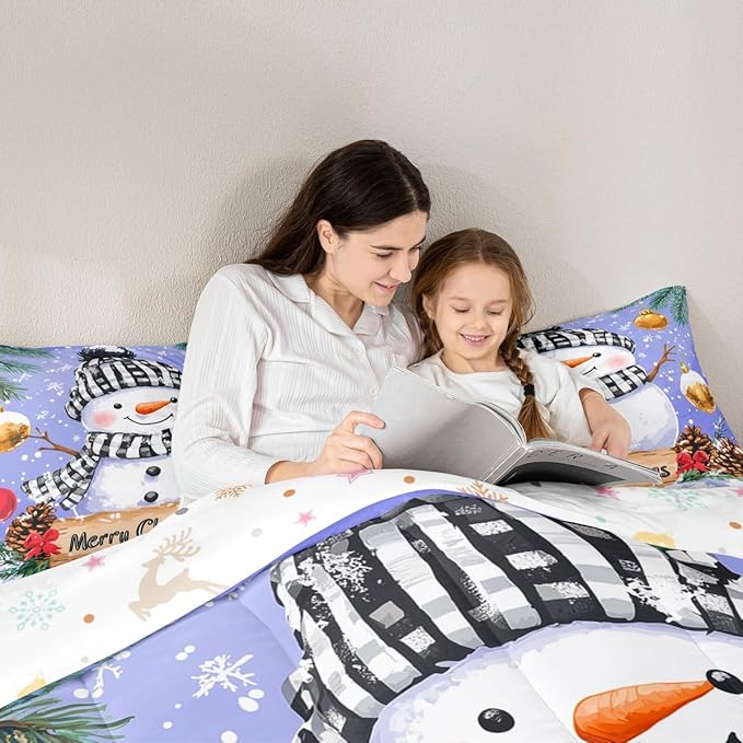 Feelyou Merry Christmas Comforter Set All Season Cute Snowman Bedding Set with 1 Pillow Cases Snowflake Microfiber Kids Toddler Bedclothes Winter Bedroom Decor Duvet Quilt Breathable Soft