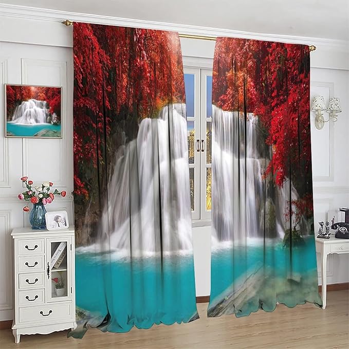 Red Forest Waterfall Blackout Windows Curtains, Tree Landscape Woodland Scenic Nature Fall Scenery Art Printed Curtains, for Living Room Bedroom 55x63in 2 Panels