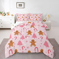 Feelyou Cute Gingerbread Man Comforter Set All Season Pink Christmas Tree Bedding Set with 2 Pillow Cases Candy Cane Kids Queen Snowflake Room Decor Christmas Duvet Quilt Breathable Soft Lightweight