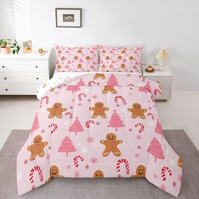 Feelyou Cute Gingerbread Man Comforter Set All Season Pink Christmas Tree Bedding Set with 2 Pillow Cases Candy Cane Kids Full Snowflake Room Decor Christmas Duvet Quilt Breathable Soft Lightweight