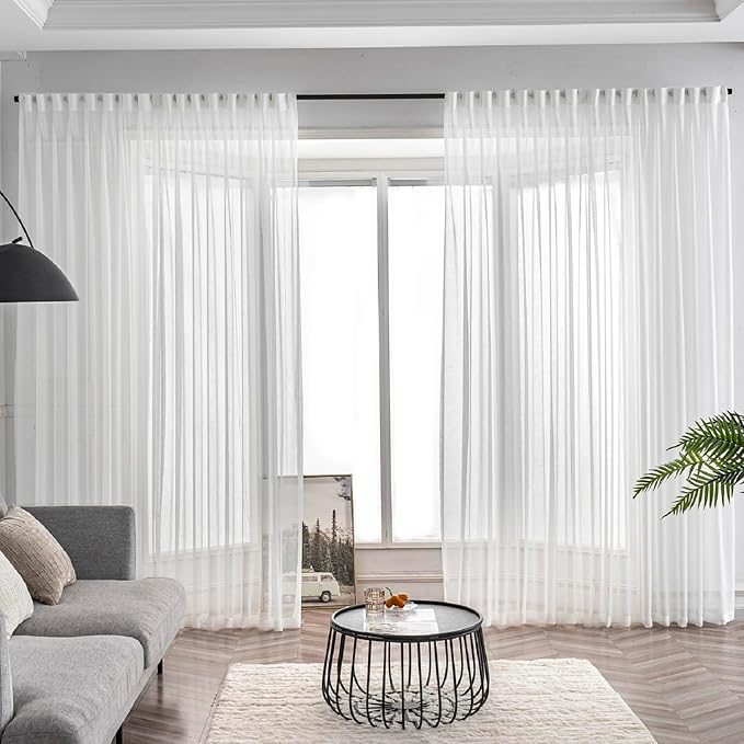 Off White Pinch Pleated Sheer Curtains 108 Inches Long Extra, Thin Textured Linen Look Living Room Drapes Window Decor, Ivory Sliding Glass Door Curtain with Rings & Hooks & Back Tab