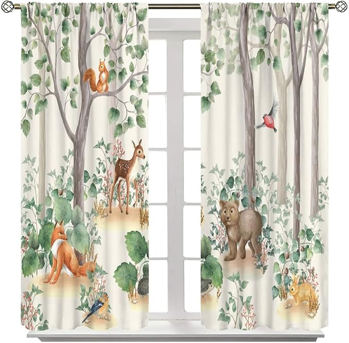 Forest Animal Curtains,Fox Elk Bird Animal Watercolor Woodland Print Curtains Kids Nursery Bedroom Living Room Home Decoration 63x63in