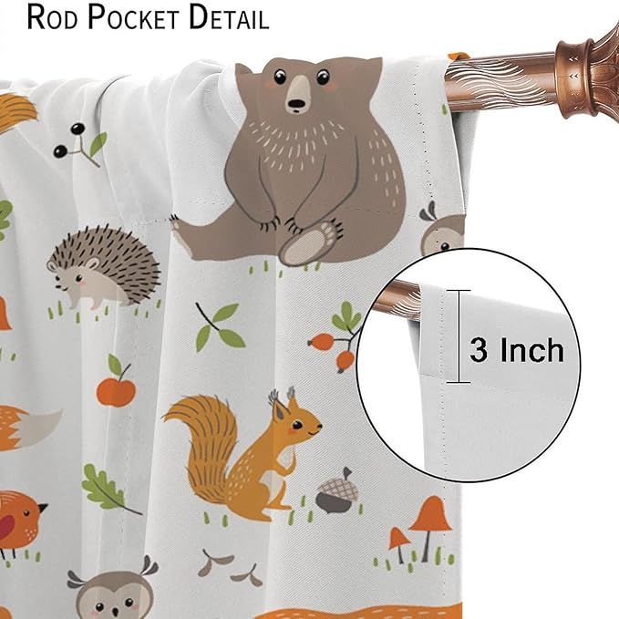 Forest Animal Curtains for Kids, Cartoon Safari Woodland Animals Window Treatments Cute Wild Jungle Bear Fox Deer Bear Window Drapes for Girls Boys Nursery Toddler Bedroom 63x63in