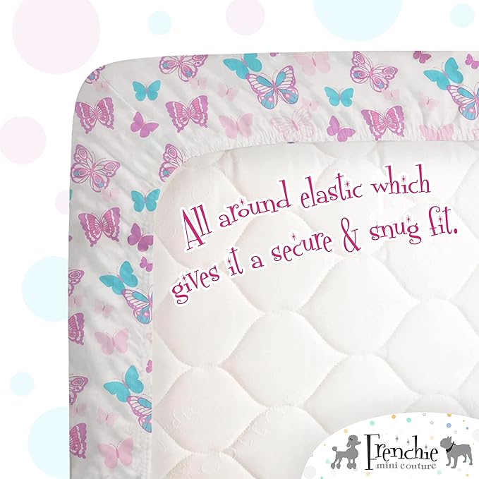 Frenchie Mini Couture, 3-Piece Kids Twin Sheets Bedding Set, 100% Woven Cotton, Includes Deep Pocket Bed Sheet (39 x 75 x 15in) + Flat Sheet (66 x 96in) + Pillowcase (20 x 30in) Butterfly