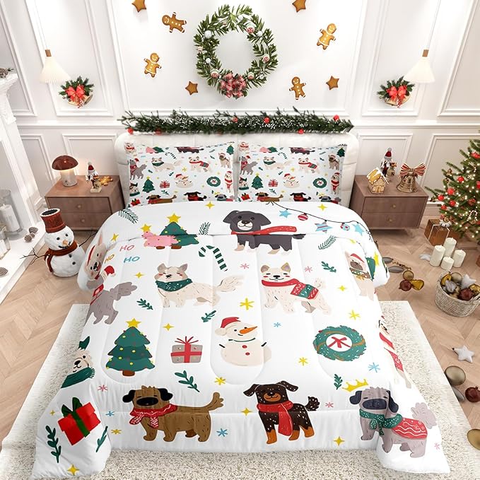 Erosebridal Merry Christmas Quilt Twin Size Cartoon Dog Comforter Set for Teens Kids Boys Xmas Tree Snowman Bedding Set Cute Pug Puppy Animal Duvet Insert with 1 Pillow Case