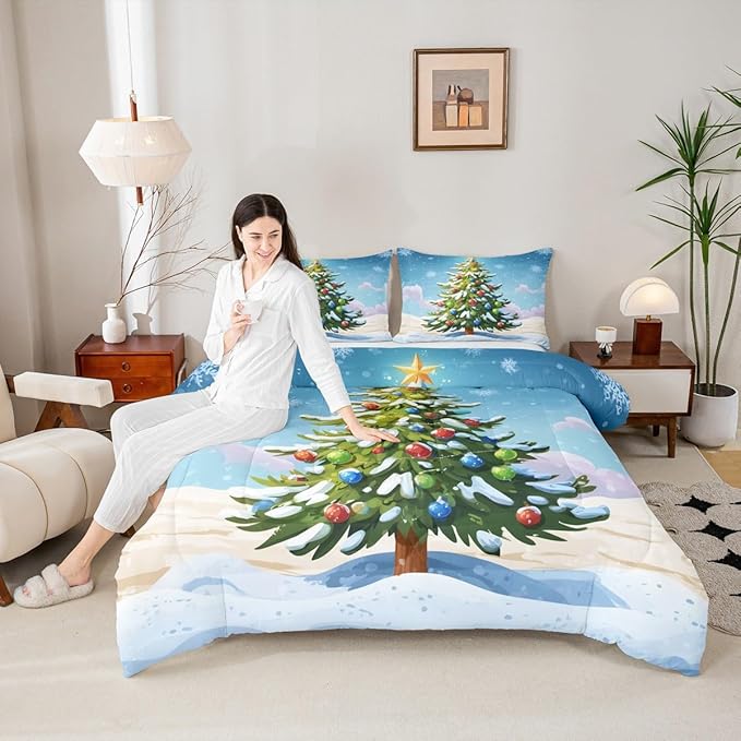 Feelyou Christmas Bedding Set Soft for Boys Girls, Xmas Tree Comforter Set Toddler Size Christmas Tree Ornaments Duvet Quilt Microfiber Winter Snowflake Bedroom Decor 2 Pcs with 1 Pillow Cases