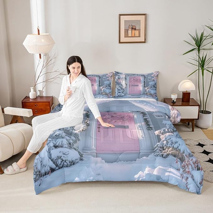 Feelyou Winter Snowscape Bedding Set Soft for Boys Girls, Merry Christmas Comforter Set King Size Pink Door Duvet Quilt Microfiber Garland Xmas Tree Bedroom Decor 3 Pcs with 2 Pillow Cases