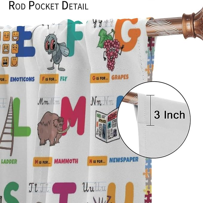 Alphabet Curtain for Kids Room ABC Letter Educational Learning Animal Number Printed Rod Pocket Blackout Window Drapes for Bedroom Playroom Classroom 52" W X 84" L