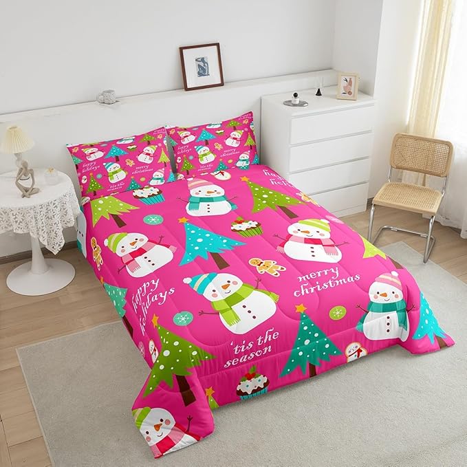Erosebridal Christmas Kids Comforter Set Cartoon Snowman Quilts for Boys Girls Adults Xmas Tree Bedding Set Cartoon Snowflake Bedroom Decor Duvet Insert Full Size
