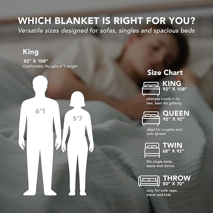 Goqan Muslin Blanket King Size 90x108 – 100% Cotton 4 Layer Boho Muslin Blanket for Adults, Lightweight, Soft, Breathable for Bed, Couch - Sage Green