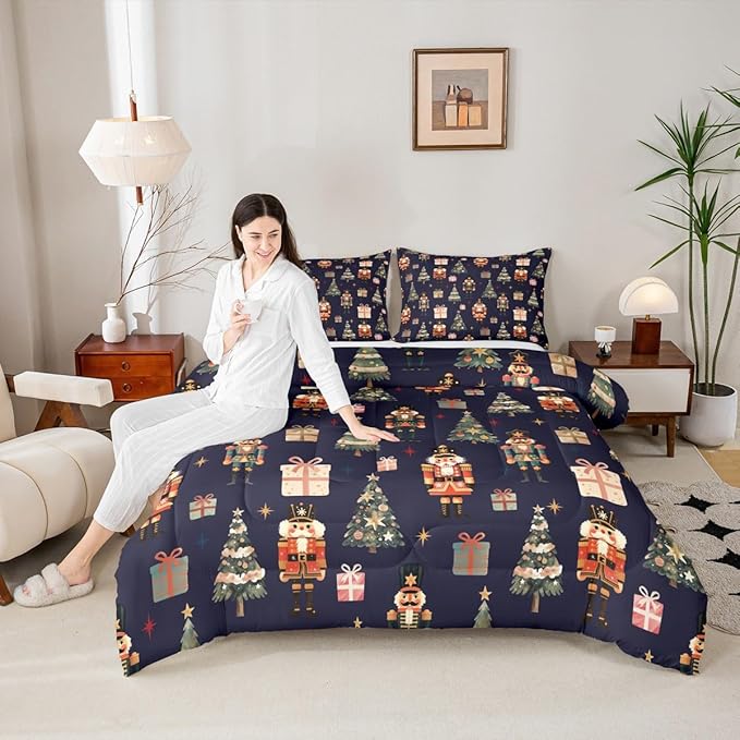 jejeloiu Xmas Nutcracker Comforter Set Twin Size Christmas Dark Blue Bedding Set for Kids Boys Girls Cute Snowflakes Duvet Quilt Bedroom Decor