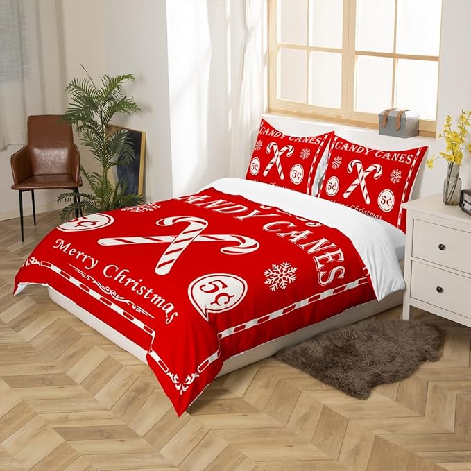 jejeloiu Christmas Bedding Set for Kids Boys Girls Christmas Quote Comforter Cover Set King Size Candy Canes Print Duvet Cover Bedroom Decor Xmas Red Bedspread Cover Bedding Collection 3Pcs