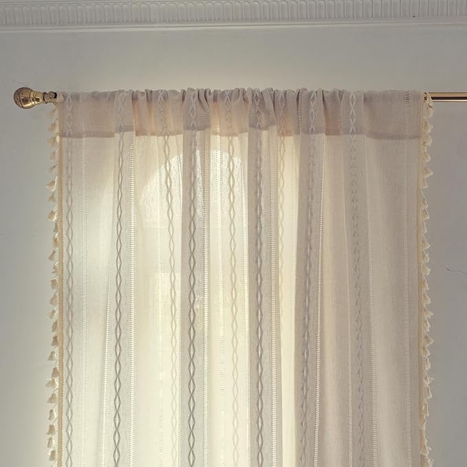 Deeprove Ivory Boho Curtain 96 Inches Long for Bedroom Living Room Decor, Bohemian Hollow Chic Style Tassels, Vintage Farmhouse Country French Window Treatment Drape, Rod Pocket, 1 Panel W52x L96
