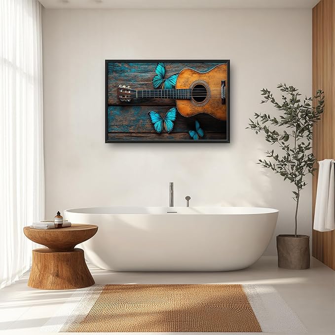 Olivine Music Wall Art, Guitar Pictures Wall Decor, Butterfly Painting, Vintage Musical Instruments Canvas Prints, Framed Artwork for Bathroom Bedroom Living Room Office Home Decoration 36"x24"
