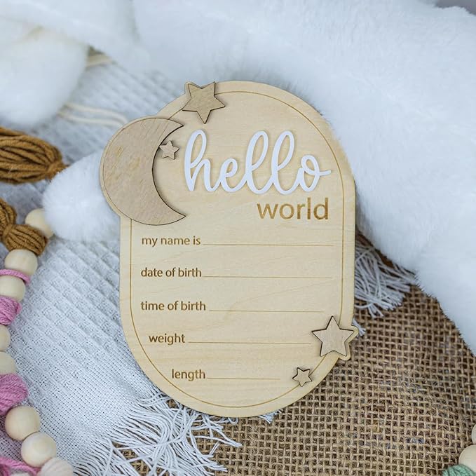 1Pcs Baby Announcement Sign, Moon And Stars Hello World Newborn Welcome Sign Birth Name Plaques for Photo Props Baby Shower Hospital Nursery