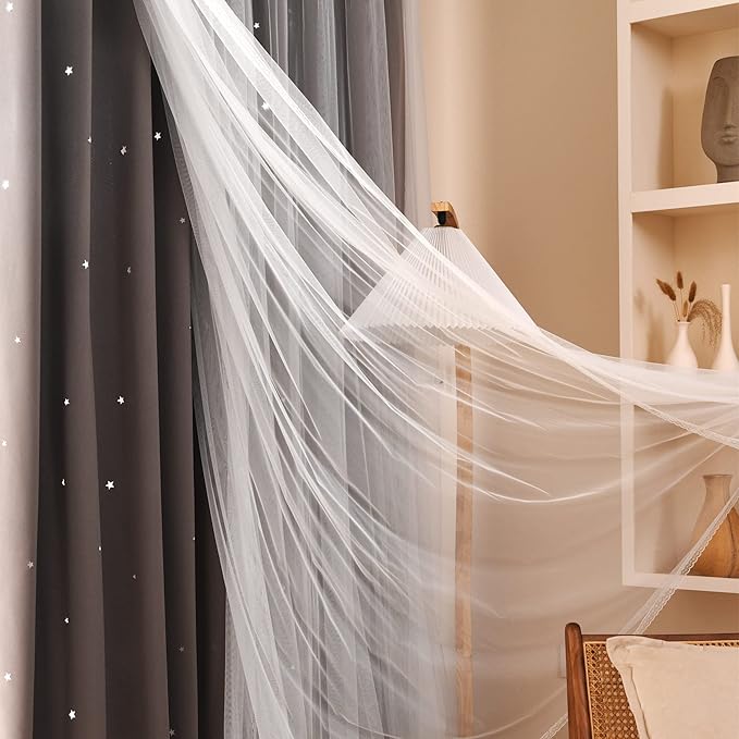 Kinryb Star Cutout Blackout 95 Inches Curtains Double Layer with Sheer Overly Curtains for Bedroom Thermal Insulated Window Treatment Set with 2 Free Tiebacks (52W x 95L 2 Panels Chocolate)