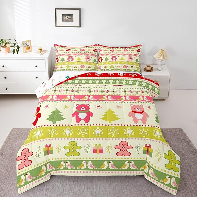 Erosebridal Merry Christmas Comforter Set Kids Queen Size Xmas Tree Decor Quilts Snowflake Bedding Set Cute Colourful Bear Duvet Insert with 2 Pillow Cases