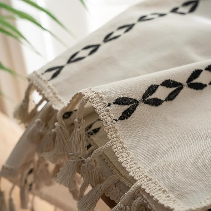 Deeprove White and Black Boho Curtains 96 inches Length for Living Room Bedroom Nursery, Classic Bohemian 96 inches Long, Stripe Embroidery Privacy Window Fringe Decoration W52 x L96, Single 1 Panel
