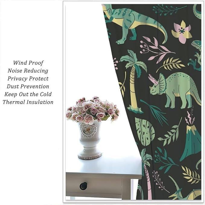 Dinosaurs Blackout Curtains Cartoon Cute Funny Dino Tropical Jungle Green Art Print for Kids Boys Bedroom Living Room Rod Pocket Decoration Window Drapes 2 Panels W42xL84in