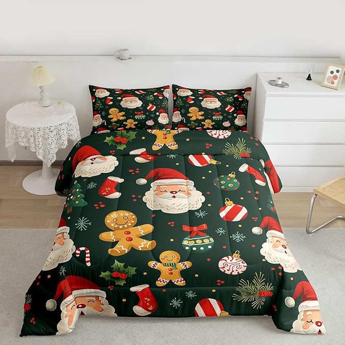 Feelyou Christmas Bedding Set Soft for Boys Girls, Santa Xmas Tree Comforter Set Toddler Size Gingerbread Man Duvet Quilt Microfiber Snowflake Stockings Bedroom Decor 2 Pcs with 1 Pillow Cases