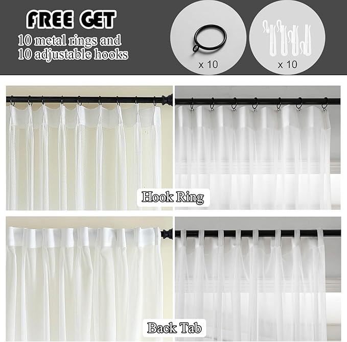 Off White Pinch Pleated Sheer Curtains 96 Inches Long 1 Panel, 50 Inch Width, Thin Textured Linen Look Sliding Glass Door Curtain, Rustic Living Room Drapes, Window Treatments Decor