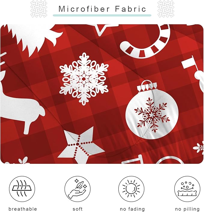 Plaid Christmas Comforter King: Xmas Red Snowman Bedding Sets Snowflakes Christmas Tree Candy Reindeer Bed Set 3 Piece for Women Adults Teens Bedroom Festival Decor
